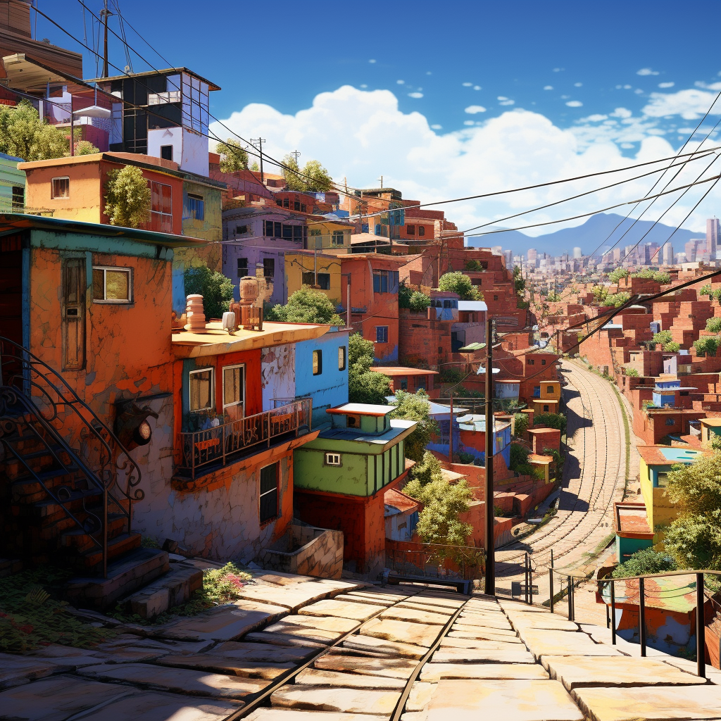 Vibrant favelas and frontierline scenery in Pixar animation style.