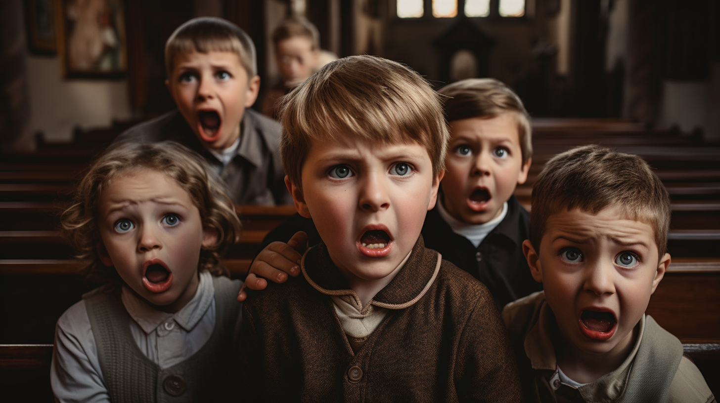 Group of children cowering before angry priest