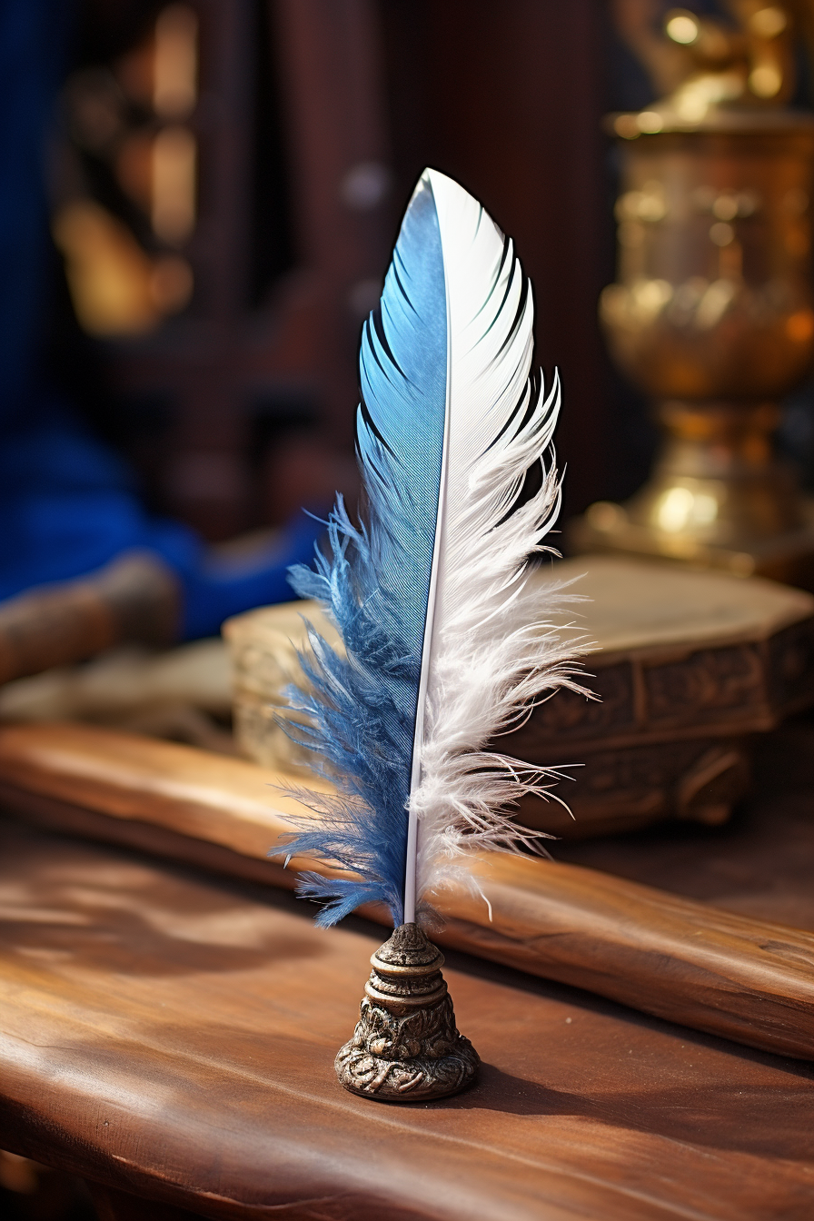 Feather of Avian Flight on Wooden Table