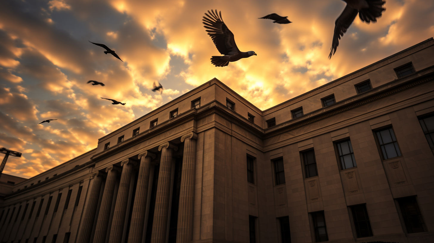 Majestic birds circling Federal Reserve building