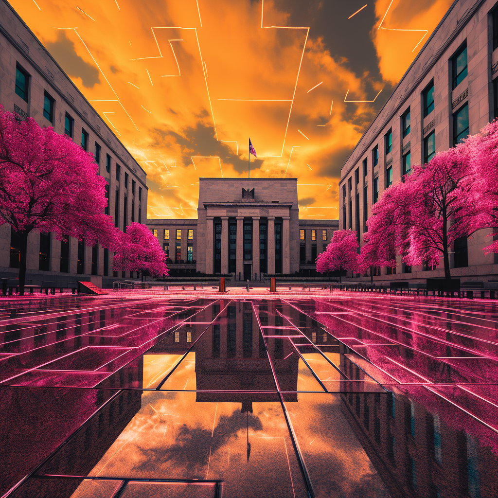 Futuristic Federal Reserve building in bright colors