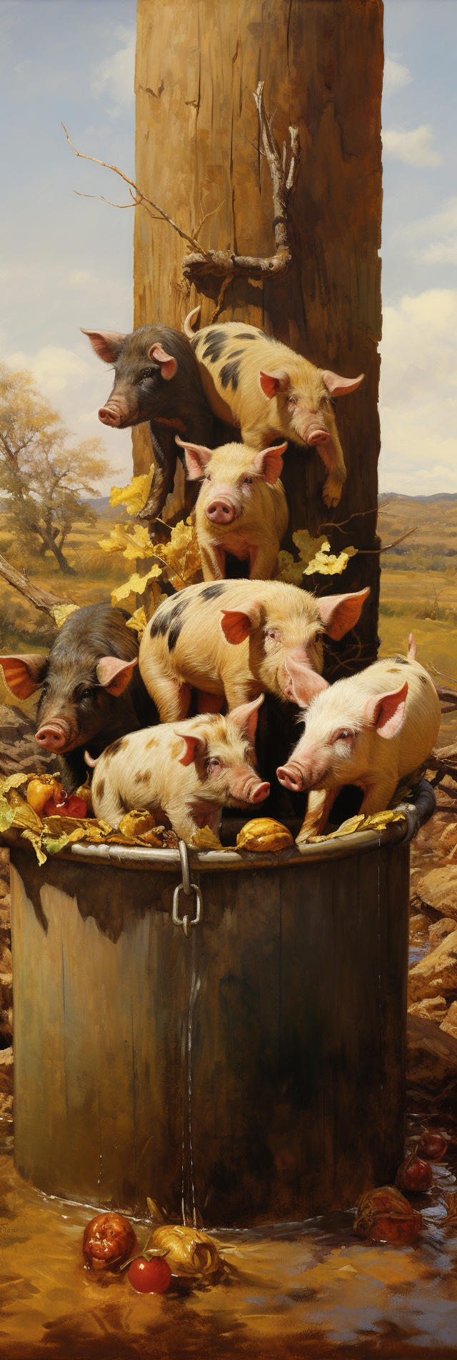 Domestic pigs eating at feeding trough