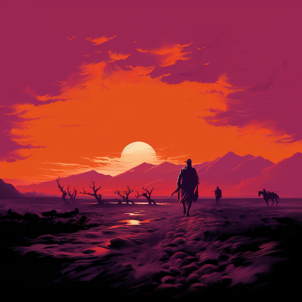 Dramatic orange and purple skies in Fellini-inspired western scene.