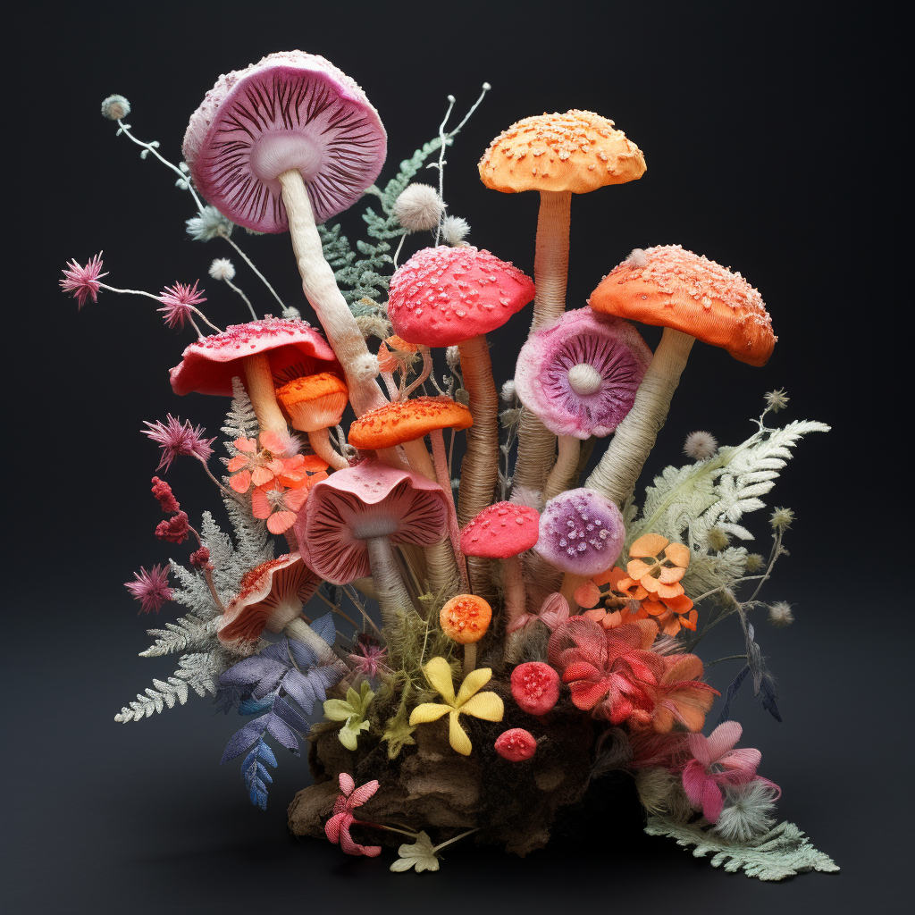 Colorful felted fungi made from flowers