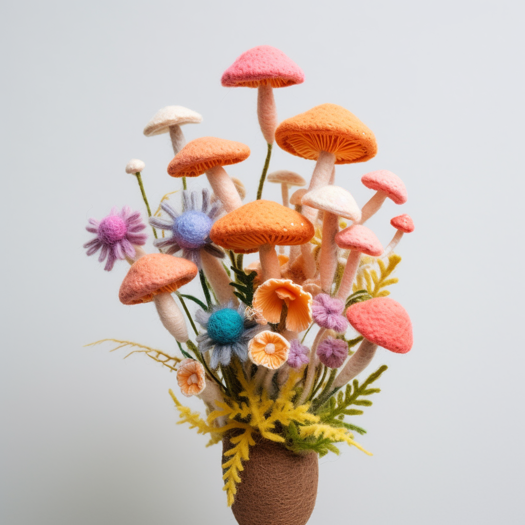 Colorful felted fungi made of flowers