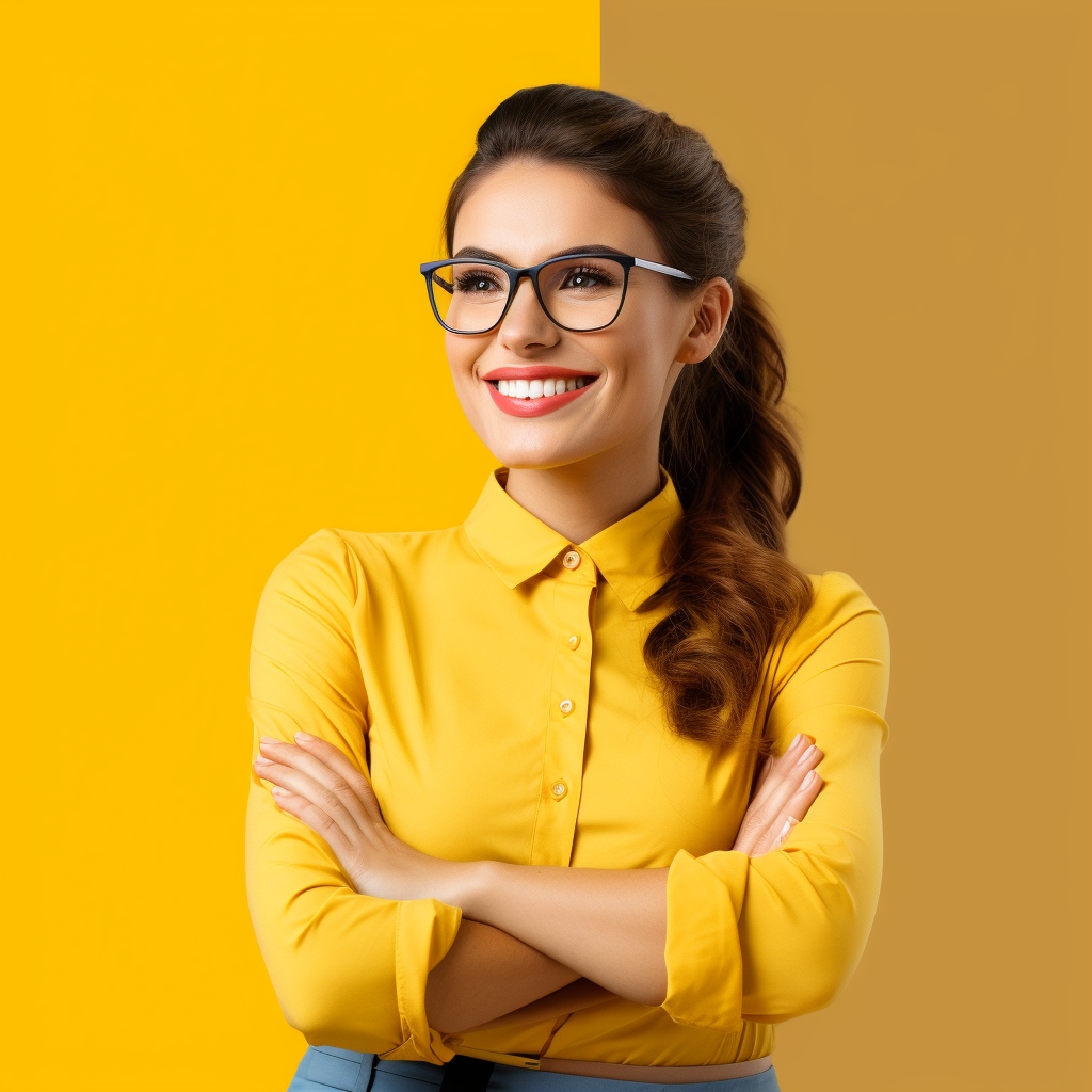 Smiling female accountant on yellow background