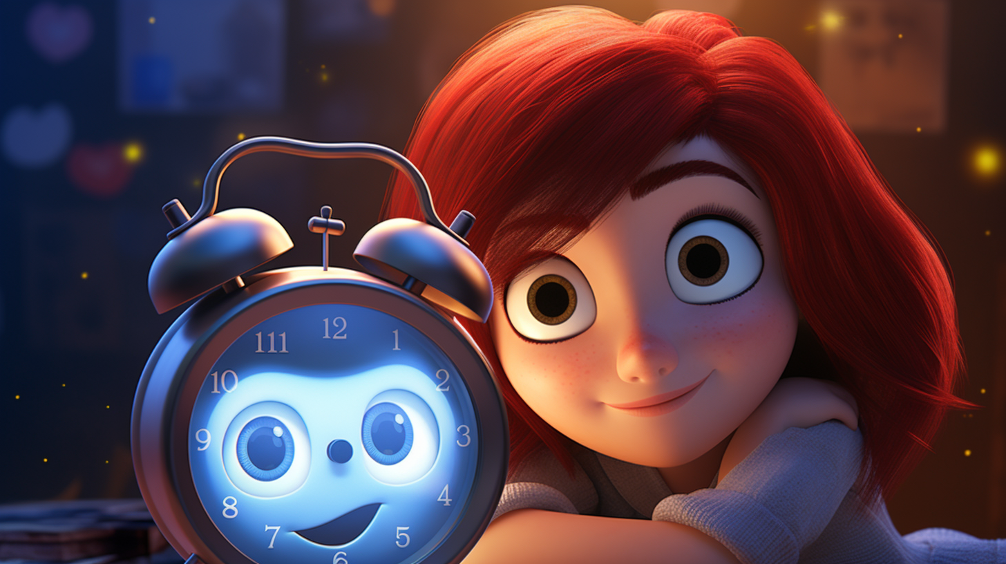 Female alarm clock character in Pixar style