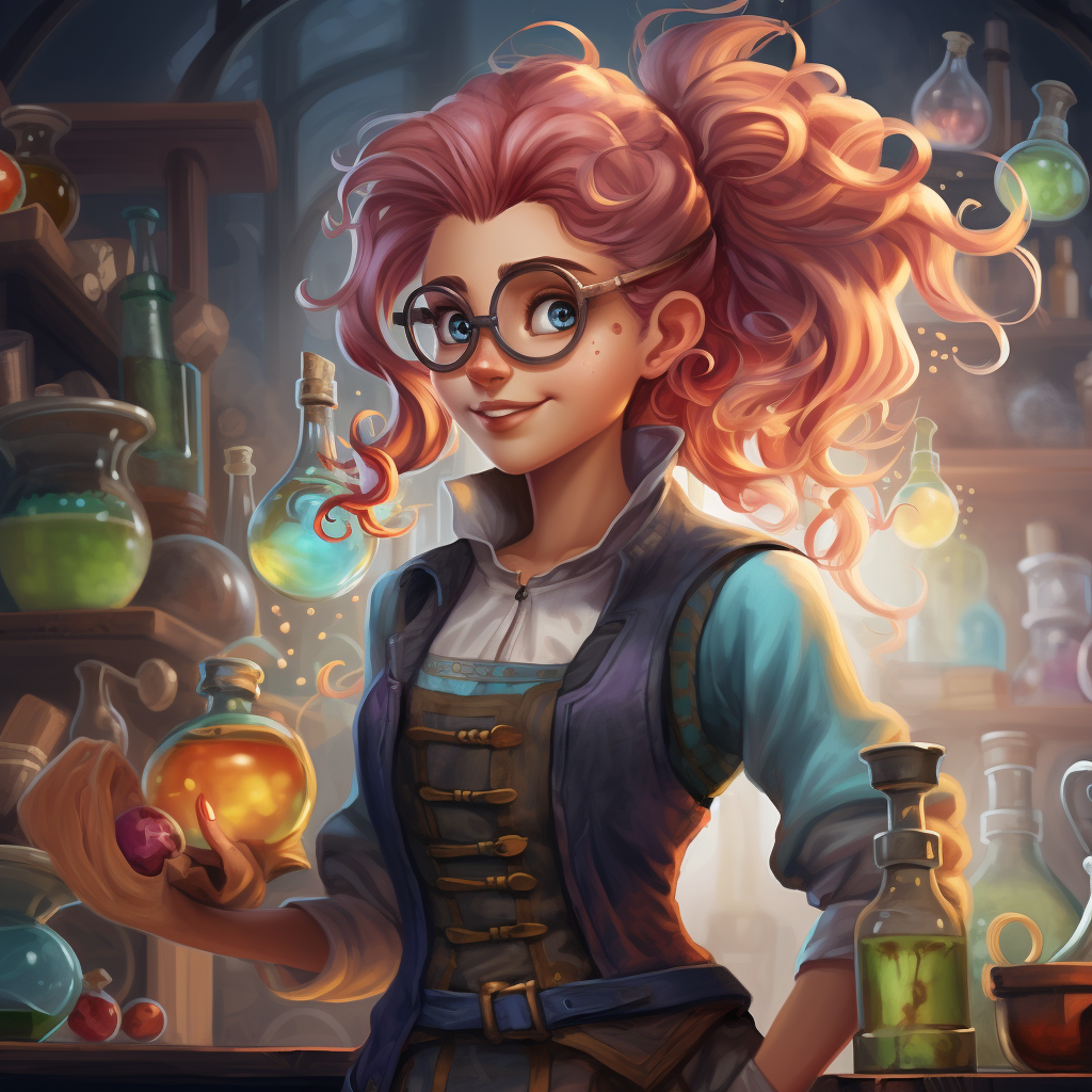 Cartoon of female alchemist with multicoloured hair and potions