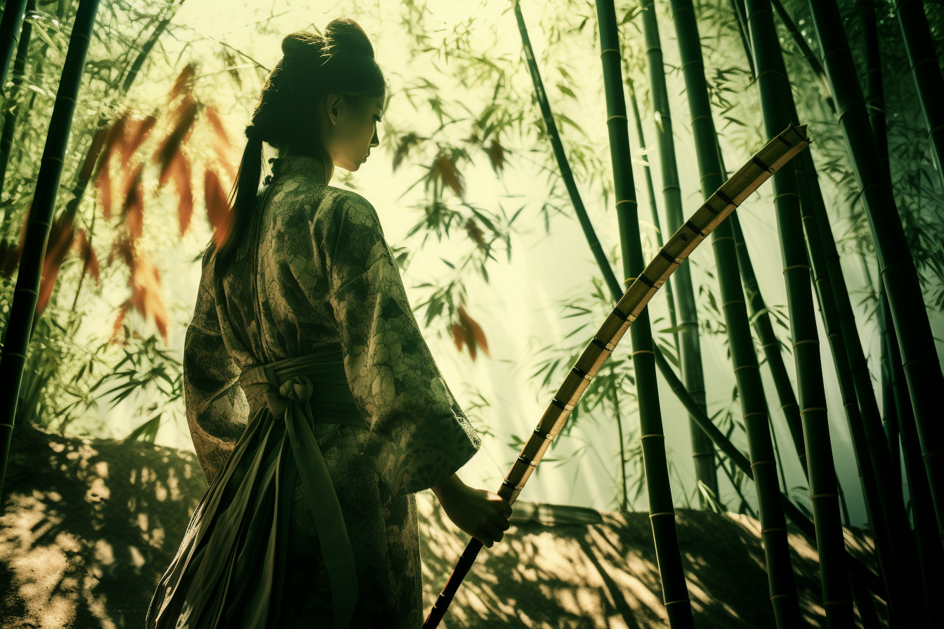 Female Archer in Dense Bamboo Forest