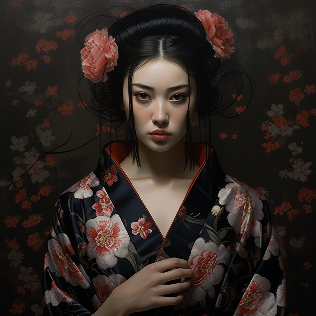 Beautiful Asian woman in kimono with domino mask