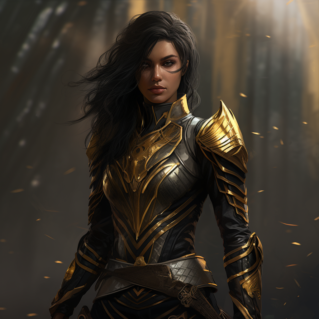 Female assassin in black and gold armor