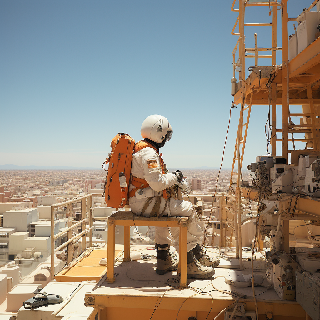 Female astronaut checking inventory on spacecraft rooftop