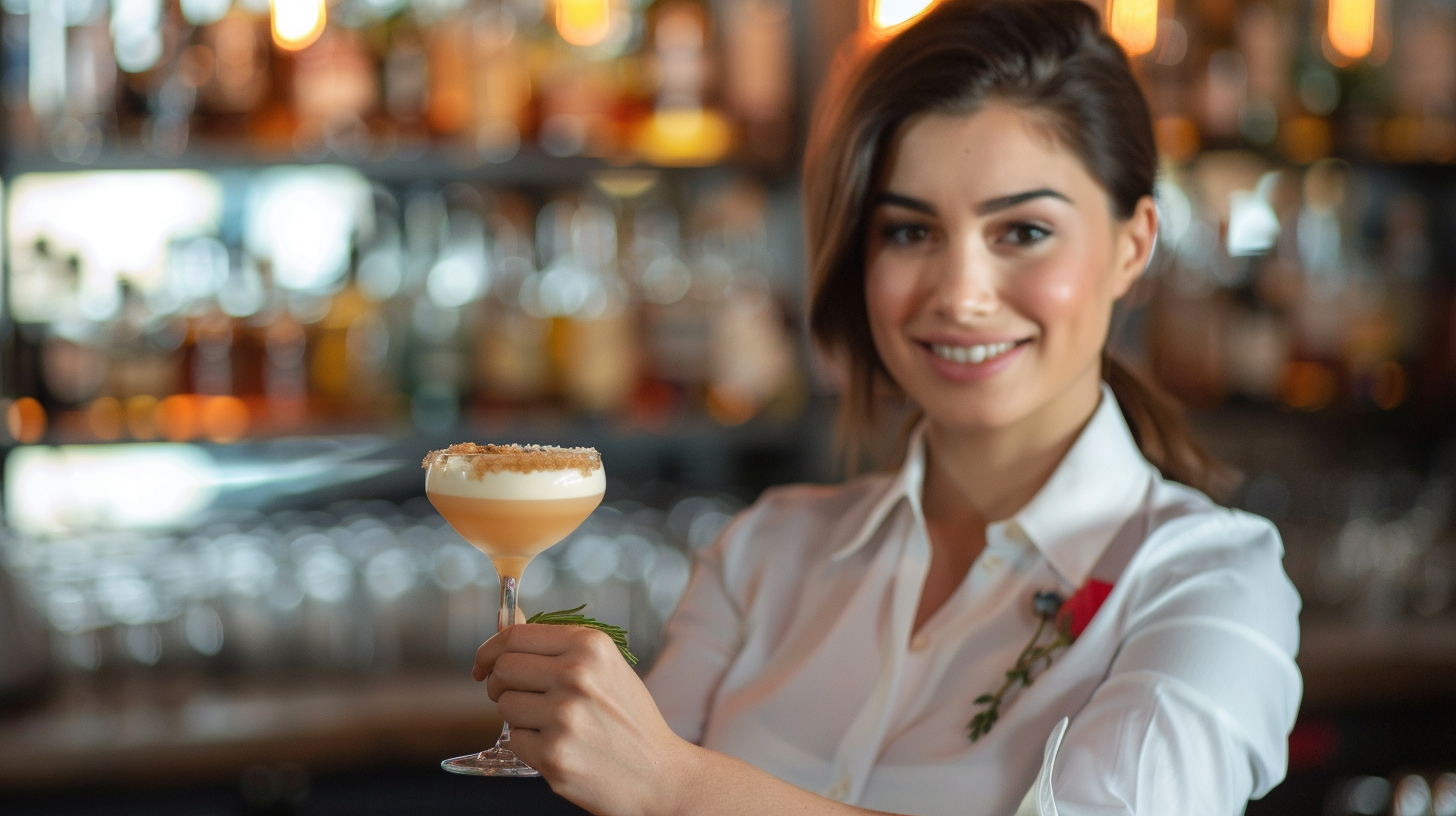 brunette bartender holding whiskey sour cocktail