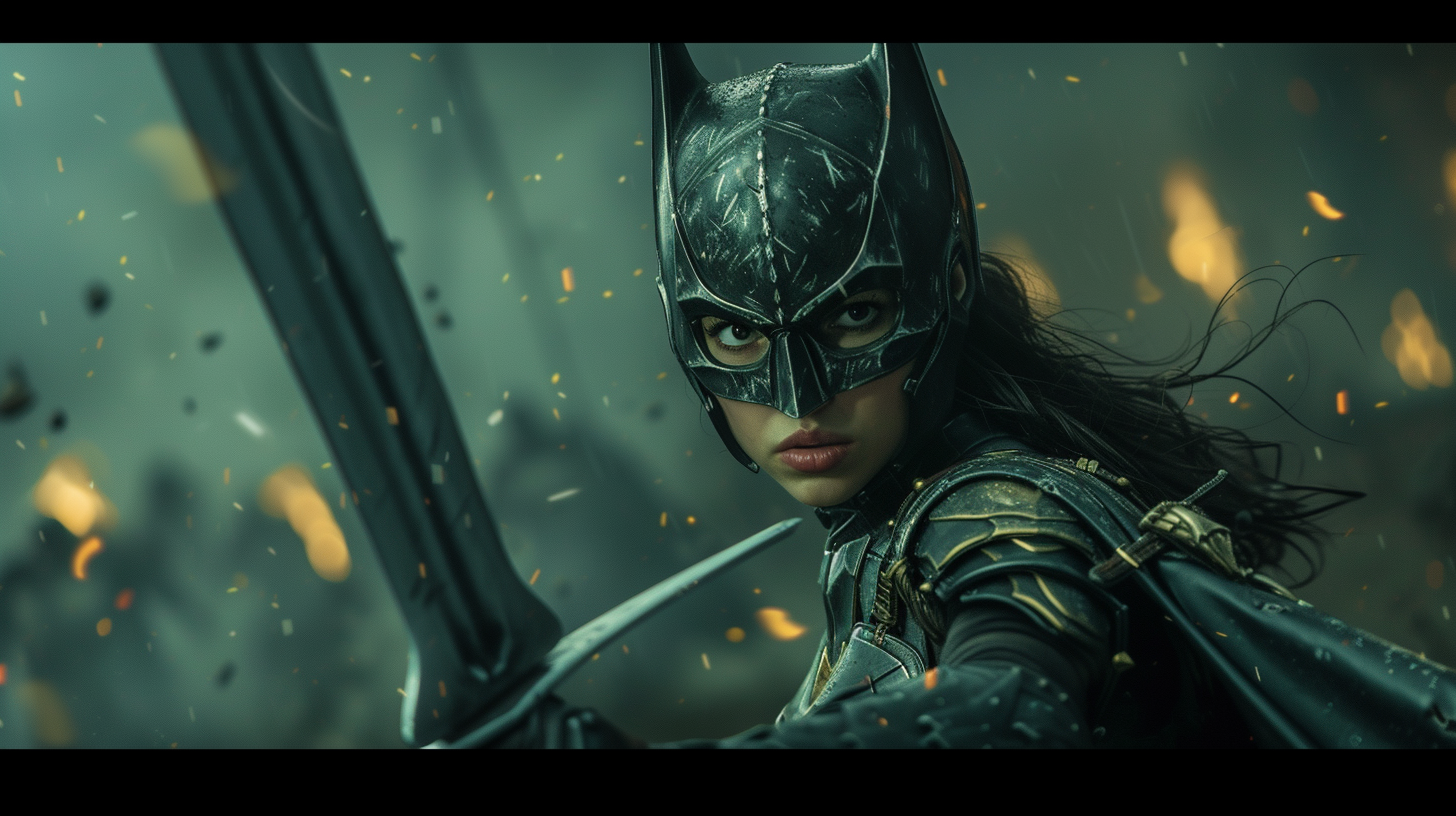 Female Batman in Armor with Long Sword on Battlefield