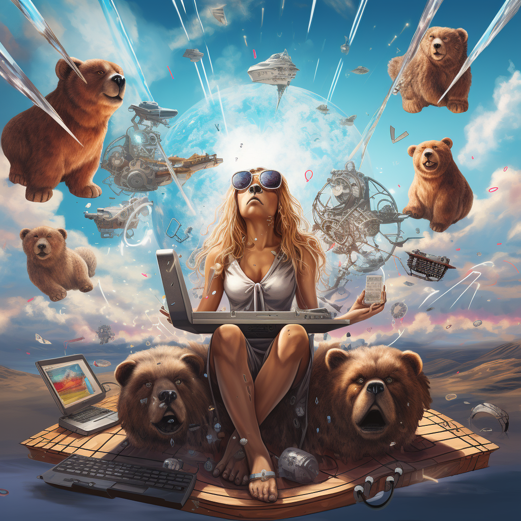 surreal female bear with laptop and bitcoin