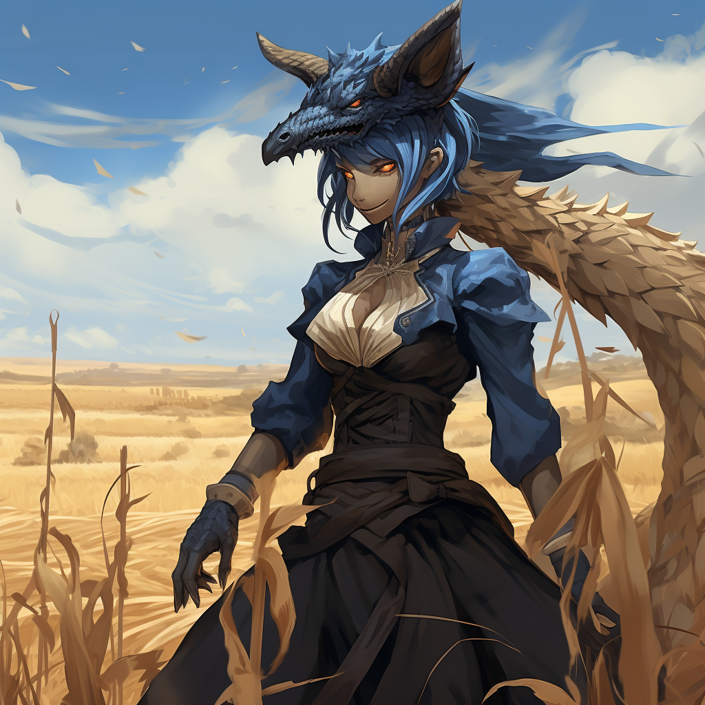 Scary black dragon in farmer outfit