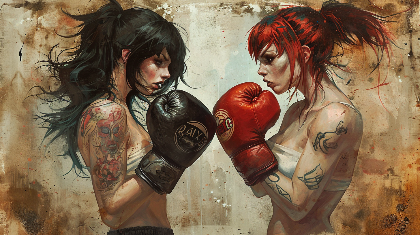 Female boxers with huge gloves in classical portraits