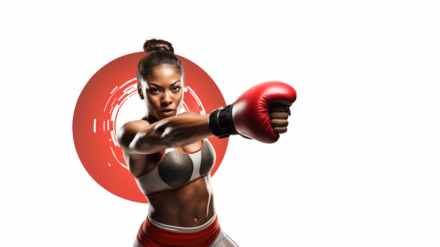 Female boxer throwing punch at floating bullseye