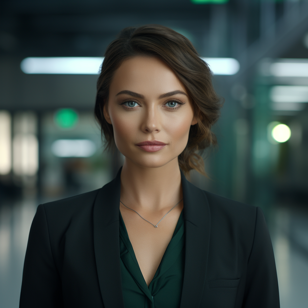 Confident female business leader with green eyes