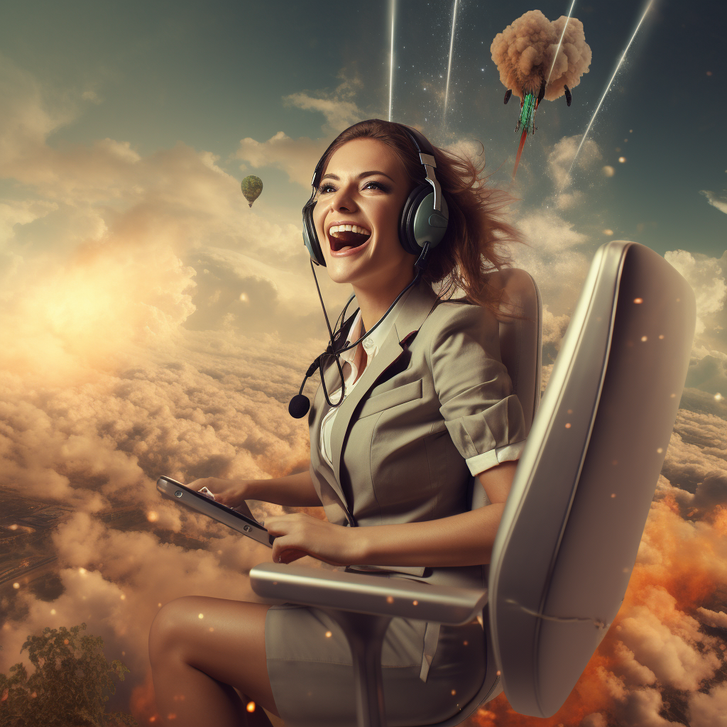 Female Call Center Agent Riding Rocket