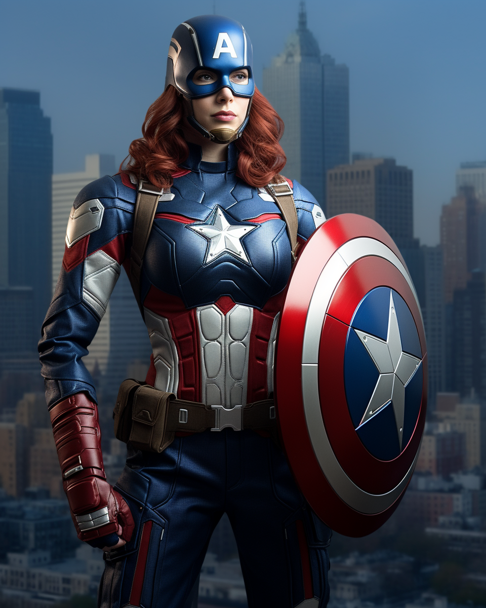 Photo-realistic female Captain America with American flag