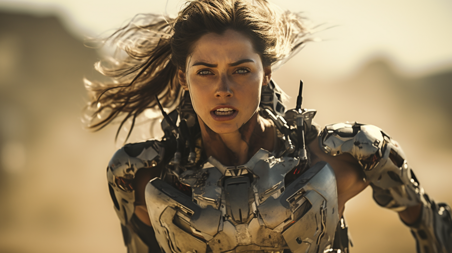 Female Centauress Cyborg Running on Battlefield