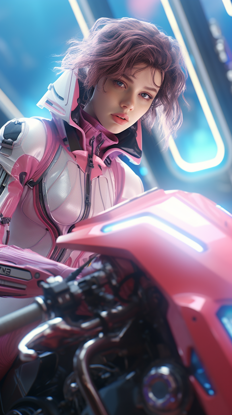 Female character on futuristic space motorbike inspired by Akira