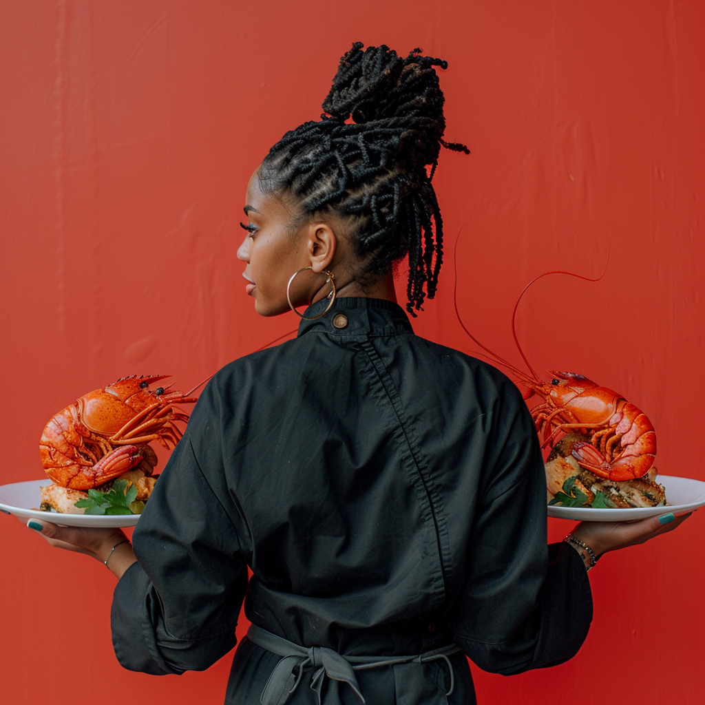 Female Chef Curly Hair Plates