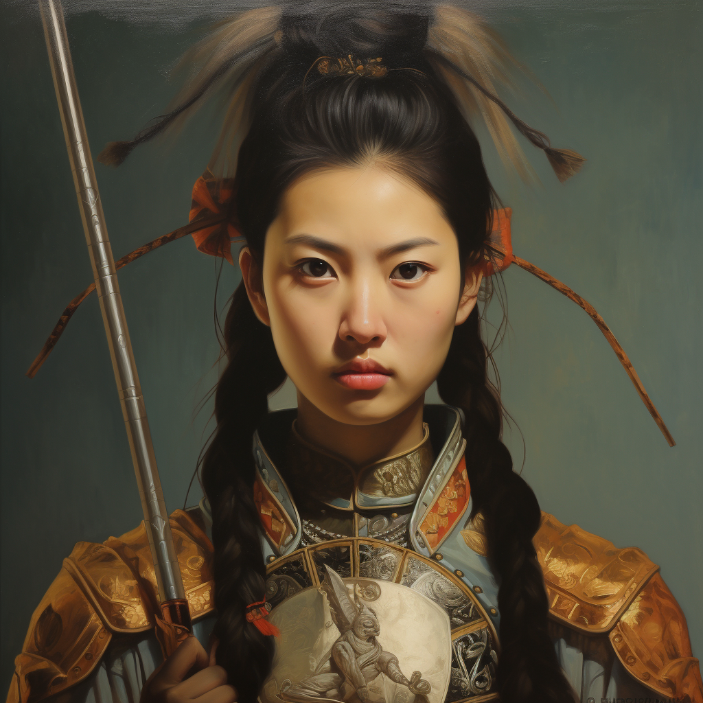 Oil portrait of female Chinese warrior with halberd