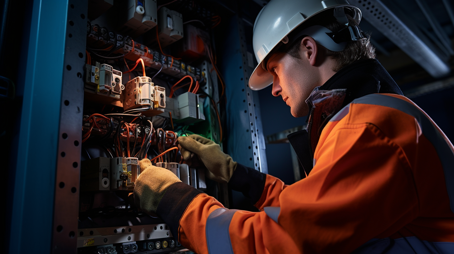 Female electrician working on a fuse box