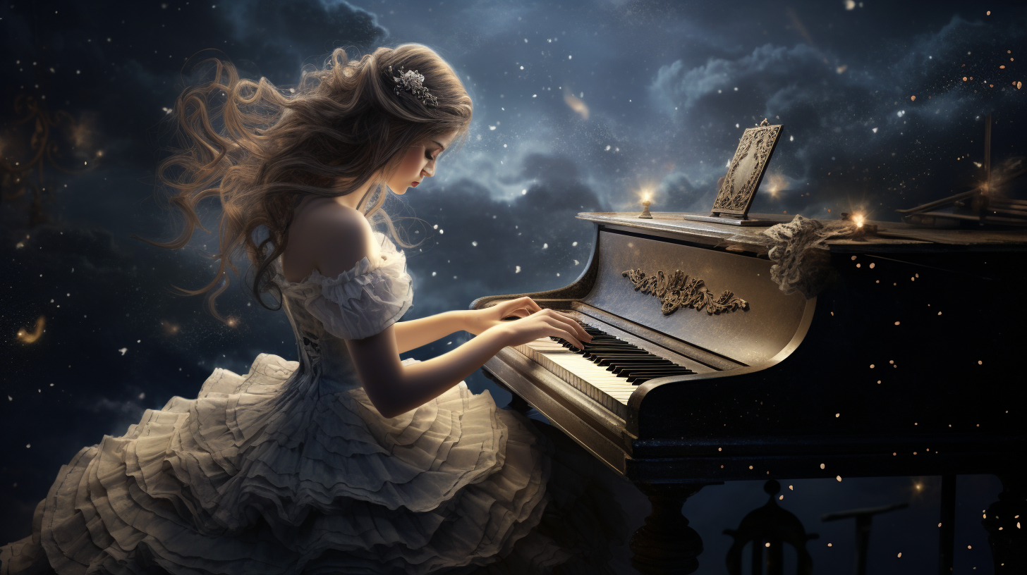 Artistic representation of female composer at piano