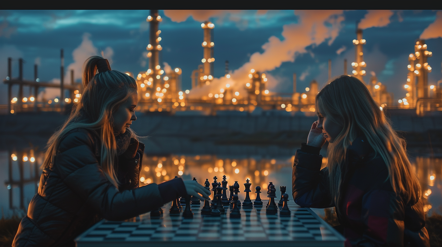 Female computer hackers playing chess at petrochemical facility