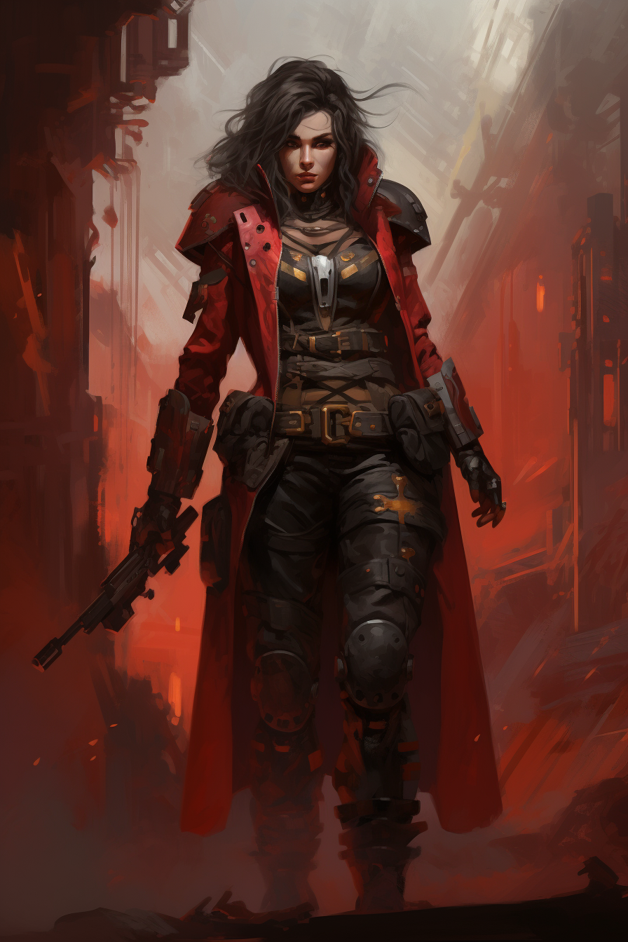 Stunning digital painting of a charismatic female crime lord in a warzone