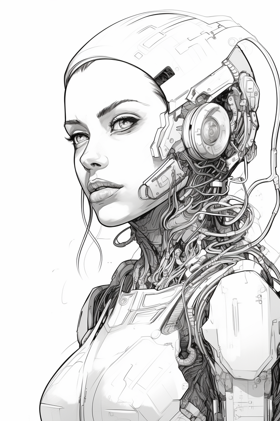 Minimalist sketch of female cyberpunk with robot