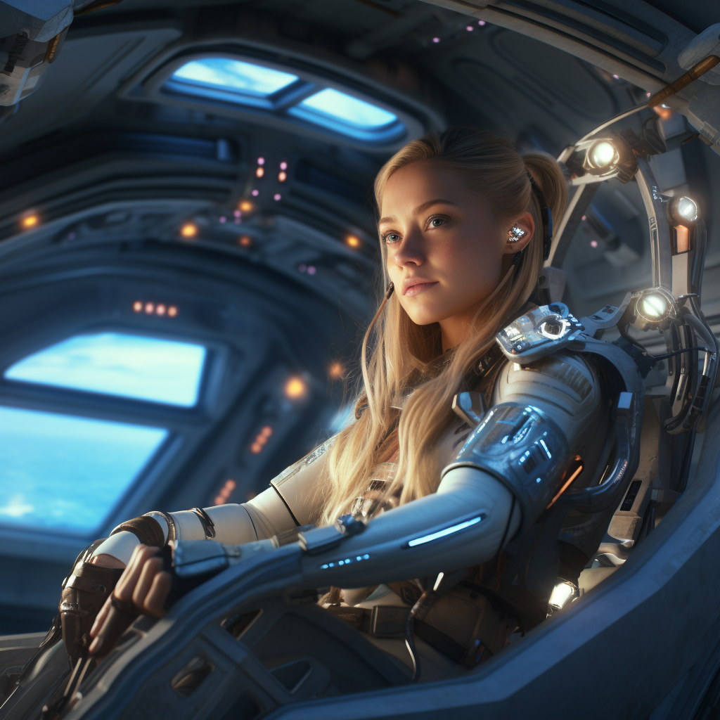 Female cyborg at spaceship controls