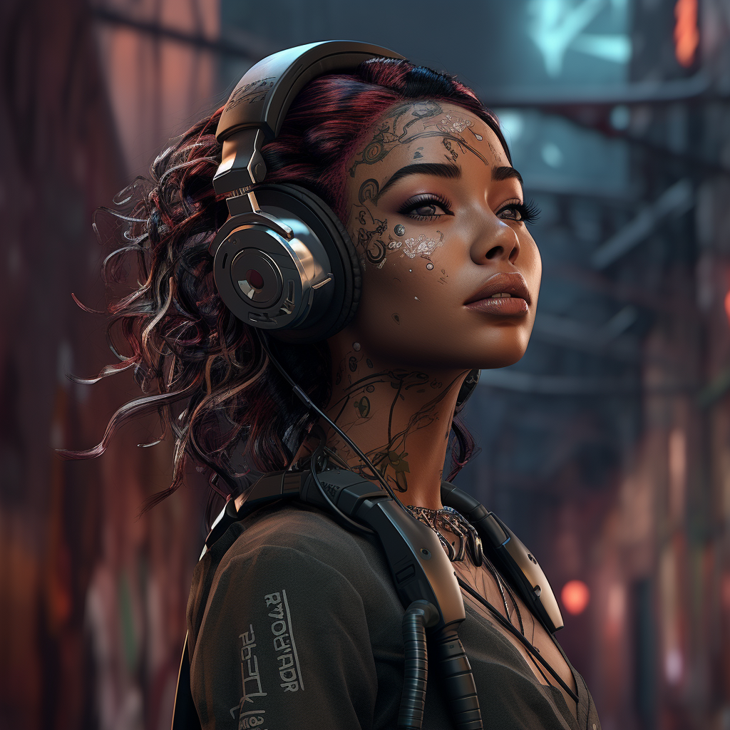 Female cyborg with headphones on dark brick wall