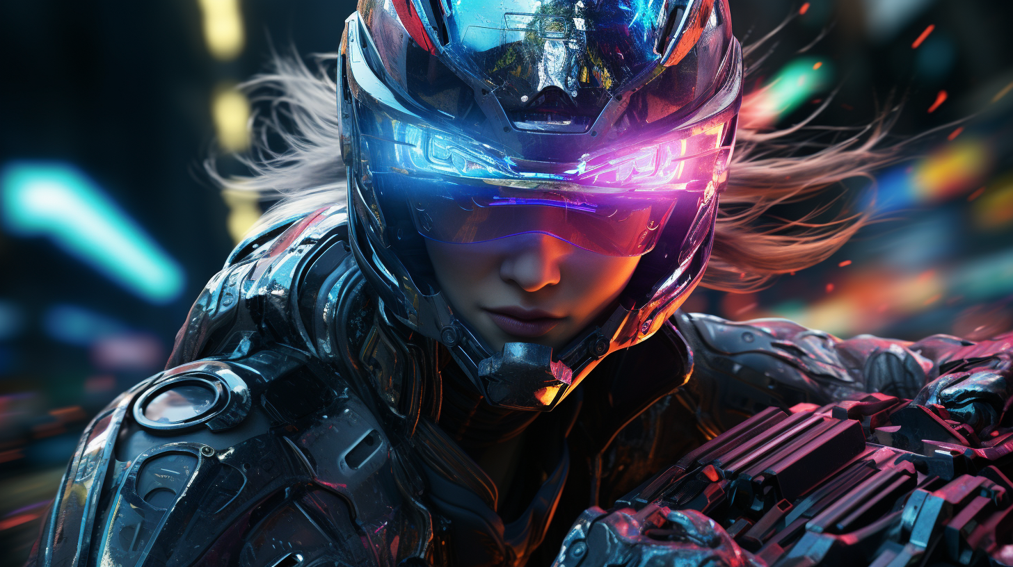 Sleek female cyborg riding futuristic motorcycle