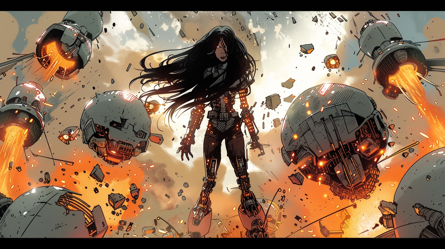 Female cyborg warrior amidst exploding droids