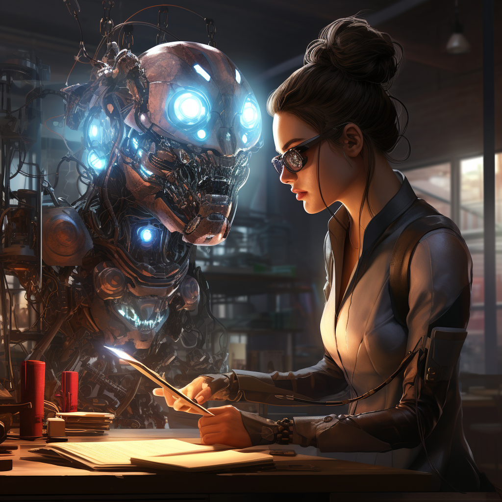 Female cyborg operating cyberpunk control counsel