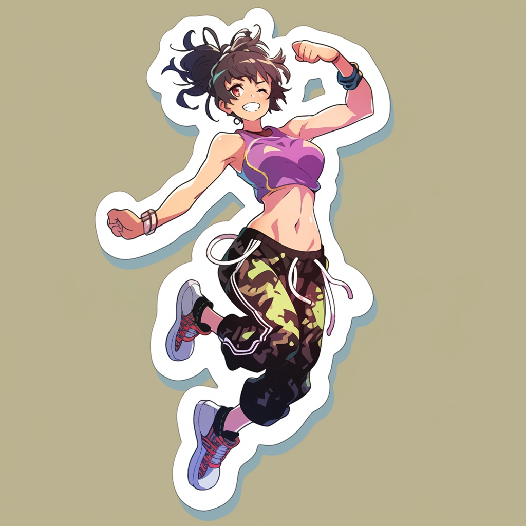 Female dancer and fighting character in comic animation sticker