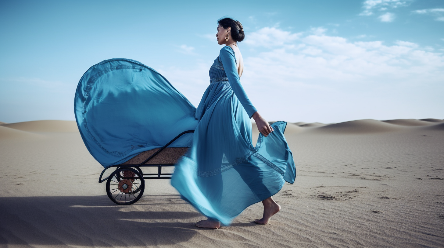 Graceful female dancer pushing stroller on blue silk road