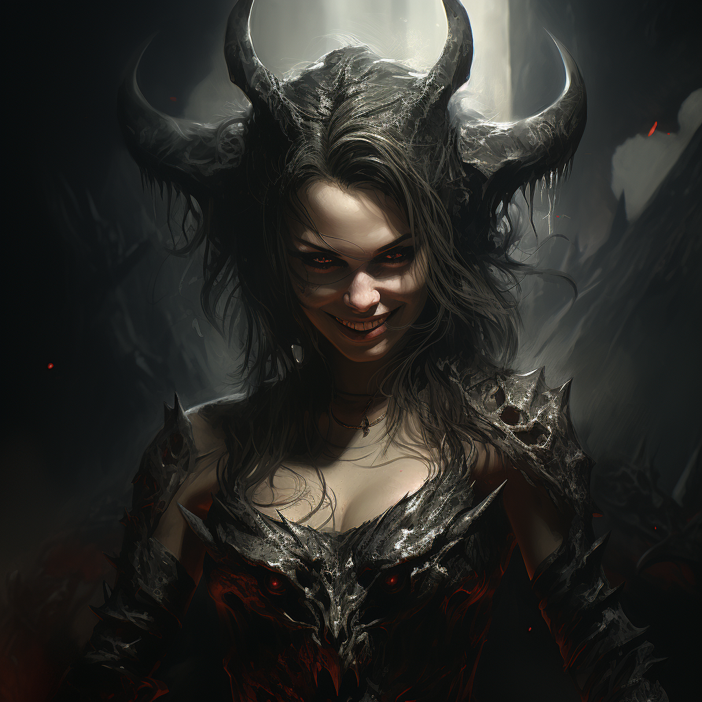 Smiling female demon holding a knife