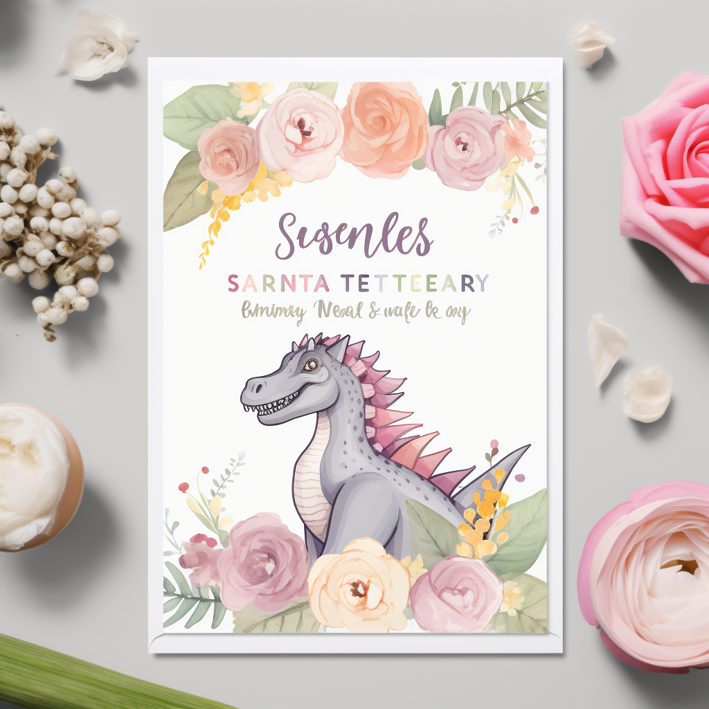 Adorable female dinosaur invitation with flowers