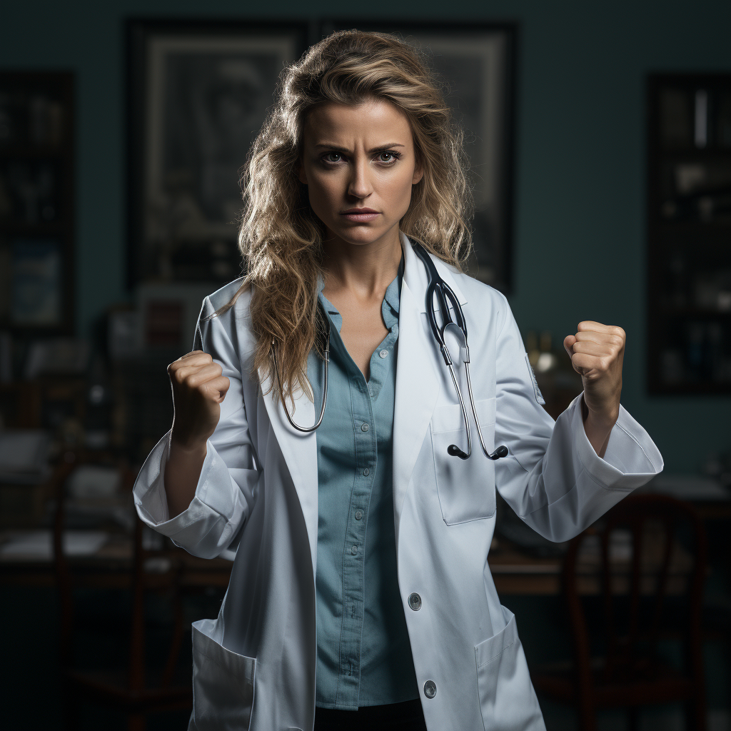 Serious and dramatic female doctor with outstretched fists