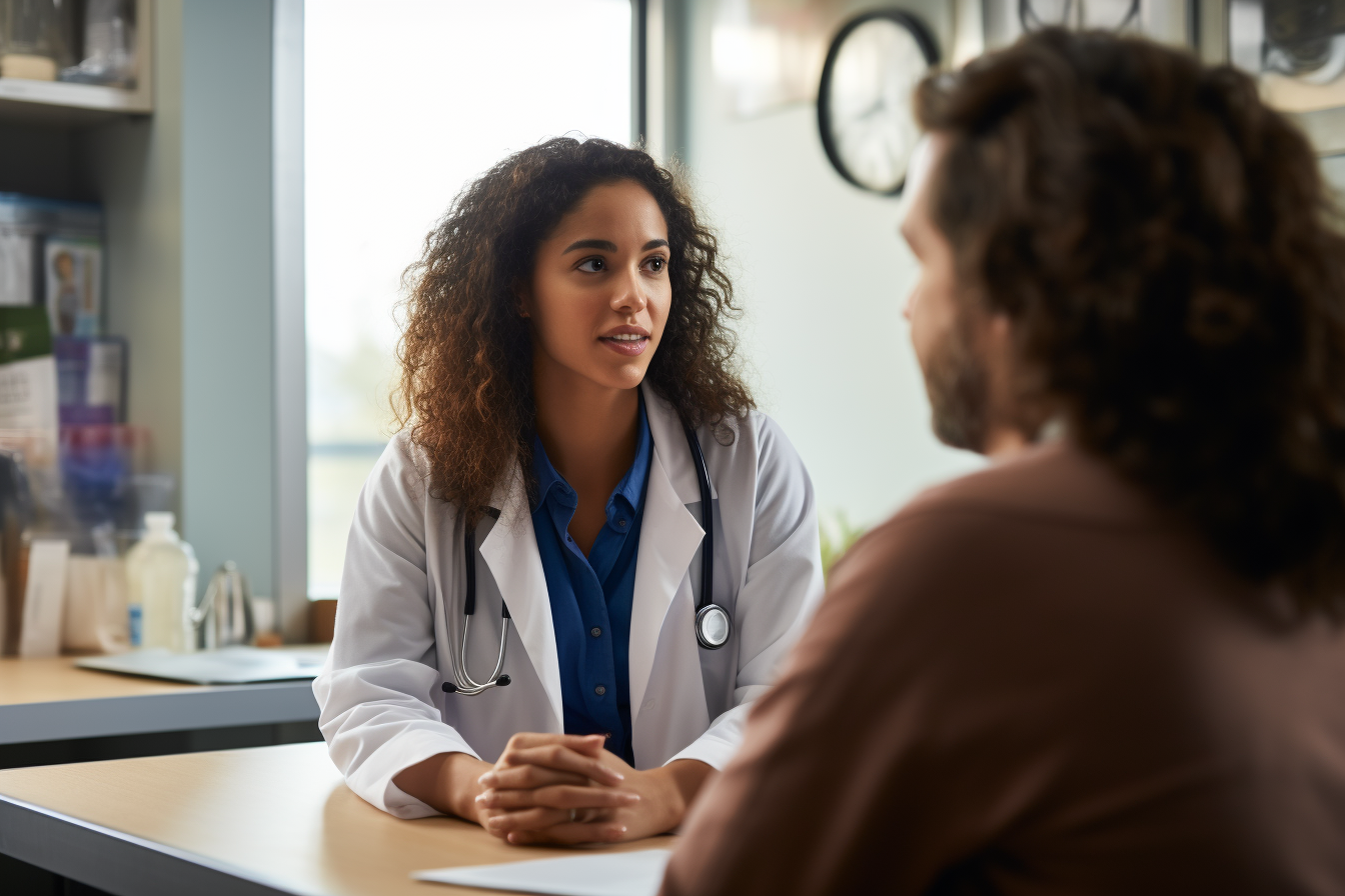 Female doctor speaking to transgender patient