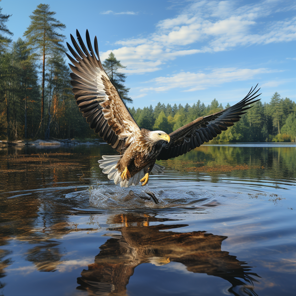 Female eagle flying over lake