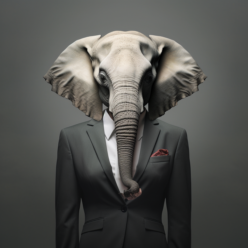 Half female human merged with half elephant in business suit