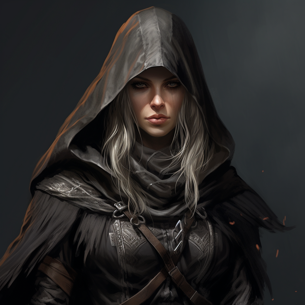 Female elf assassin in leather armor and hooded cloak