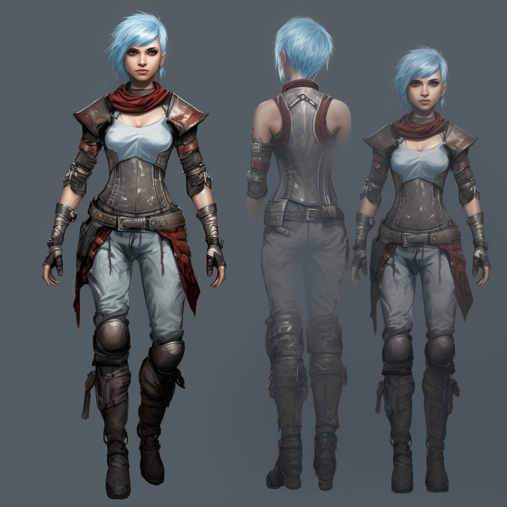 Female elf rogue with short blue hair in red armor