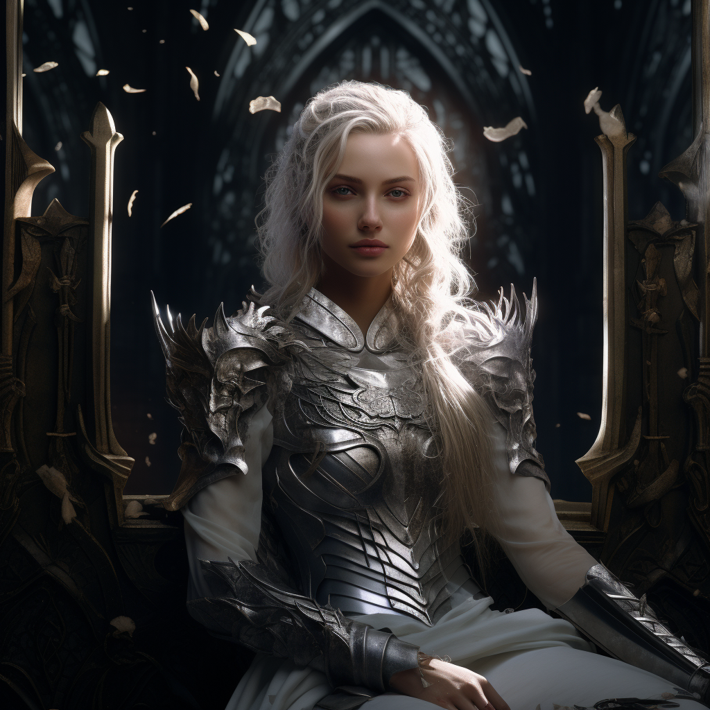 Female Elf in Silver Black Armor on Throne